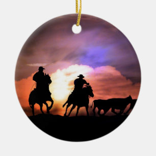 Ornement Rond En Céramique Cowboy de Noël, tour d'horizon / conduite de bét
