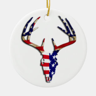 Ornement Rond En Céramique Crâne patriotique de chasse de cerfs communs