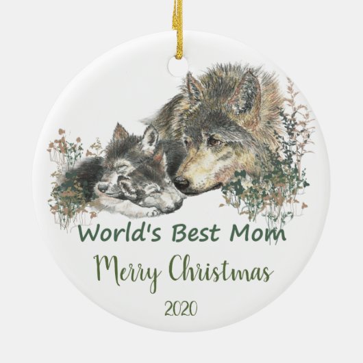 Ornement Rond En Céramique Custom Dated Christmas World's Best Mom Wolf Art (Dos)