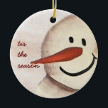 Ornement Rond En Céramique Cute Snowman d'art primitif<br><div class="desc">Art original en acrylique sur papier par Deborah Miller</div>