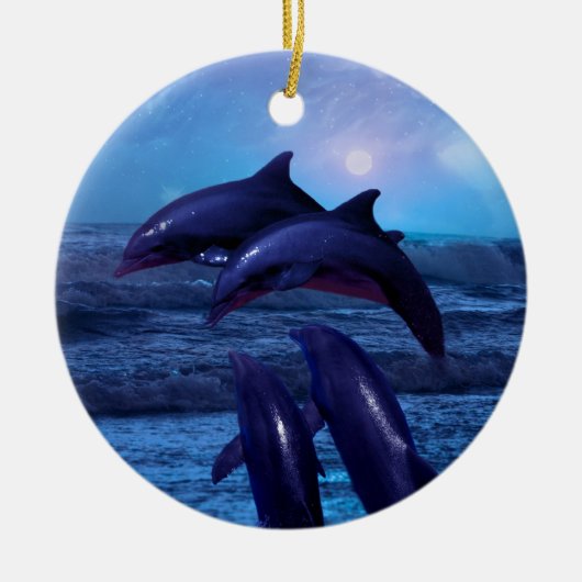 Ornement Rond En Céramique Dauphins jouant dans l'arbre de Noël océanique (Devant)