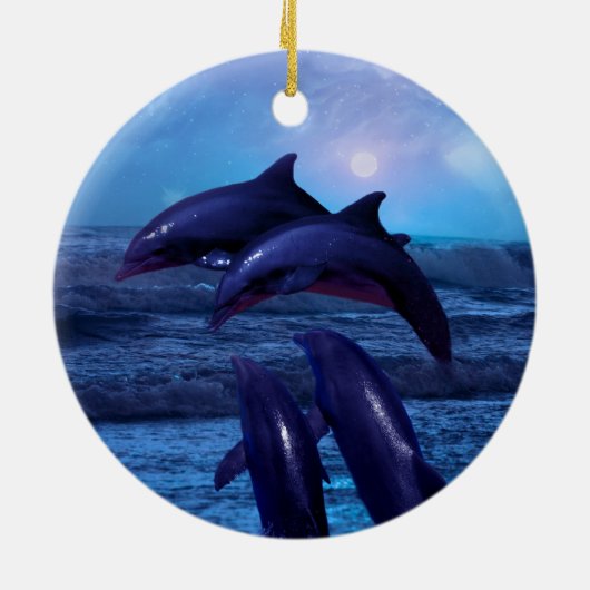 Ornement Rond En Céramique Dauphins jouant dans l'arbre de Noël océanique (Dos)