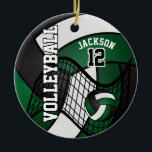 Ornement Rond En Céramique 🏐 de volley-ball vert foncé, blanc et noir<br><div class="desc">🥇 UN DESIGN D'ART ORIGINAL DE DROIT D'AUTEUR DE Donna Siegrist SEULEMENT DISPONIBLE SUR ZAZZLE! Joueur de volleyball Sport Ornement de Noël. Impressionnez votre joueur de volley-ball avec ce nom do-it-yourself conçu dans un design foncé VERT, BLANC ET NOIR. Un grand cadeau pour n'importe quel joueur de volley-ball, ventilateur de...</div>