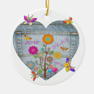 Ornement Rond En Céramique Denim Pocket Fleurs cardiaques Papillons