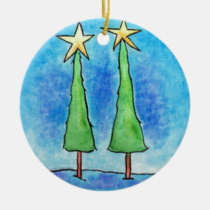 Ornement Rond En Céramique Deux grands arbres de Noël