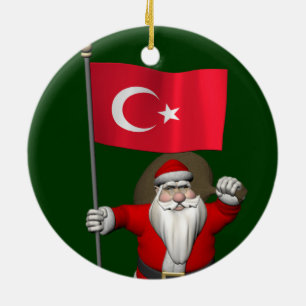 Ornement Rond En Céramique Drôle Père Noël Avec Drapeau De Turquie