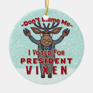 Ornement Rond En Céramique Drôle Président de Noël Vixen Reindeer Politiqu