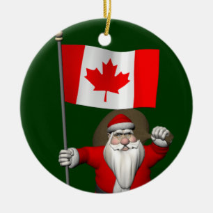 Ornement Rond En Céramique Droll Santa Claus avec drapeau Feuille d'érable