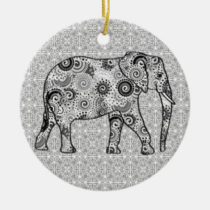 Ornement Rond En Céramique Éléphale tourbillon fractal - gris, noir et blanc