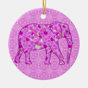 Ornement Rond En Céramique Eléphant à fleurs - orchidée et magenta