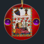 Ornement Rond En Céramique ETERNAL LOVE red purple gem<br><div class="desc">Colorful expressive vintage fine art. Medieval heraldic miniature from 1200 romantic lovers in a flower garden with a white bird , mixed with vinrant shiny 3D gem stones .Easy to customize for wedding ceremony, nuptial announcement , save-the-date , thank you , bridal showers, , romantic engagement showers, anniversaries, Valentine's day,...</div>