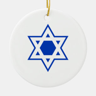 Ornement Rond En Céramique Étoile bleue et blanche de David