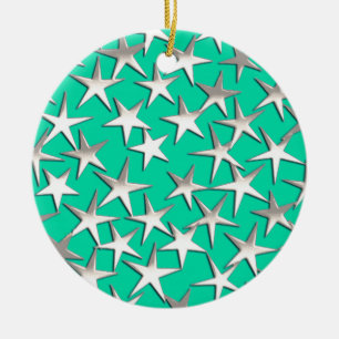 Ornement Rond En Céramique étoiles d'argent sur turquoise