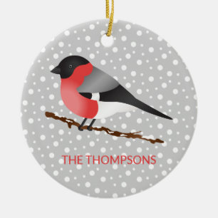 Ornement Rond En Céramique Eurasian Bullfinch & Custom Nom de famille Noël