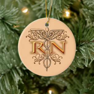 Ornement Rond En Céramique Fancy Cuivre Caduceus RN Nurse