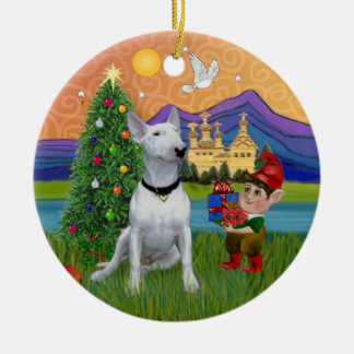 Ornement Rond En Céramique Fantaisie de Noël - Taureau blanc Terrier (P)