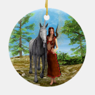 Ornement Rond En Céramique Fée et licorne