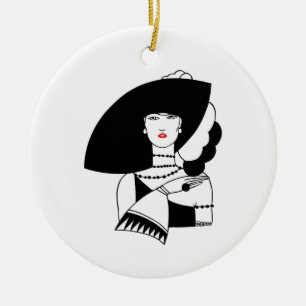 Ornement Rond En Céramique Femme Art Déco avec grand chapeau et gants RL
