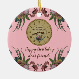 Ornement Rond En Céramique Fête d'anniversaire Horloge vintage avec fleurs