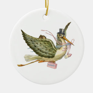 Ornement Rond En Céramique FÊTE DE BÉBÉ FILLE CIGOGNE MONOGRAMME  Rouge Rubis