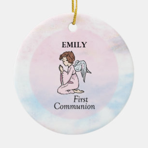 Ornement Rond En Céramique Fille, ange de première communion