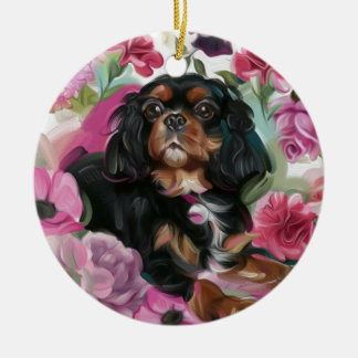 Ornement Rond En Céramique Fleur d'ornement de Noël noir et tan Cavalier