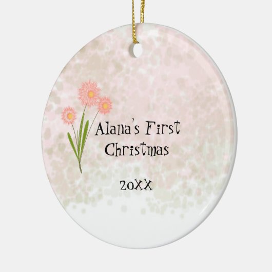 Ornement Rond En Céramique Fleurs roses Baby First Christmas (Gauche)