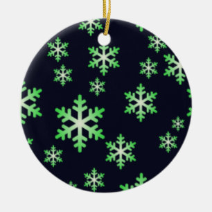 Ornement Rond En Céramique Flocons de neige verts et blancs sur fond bleu