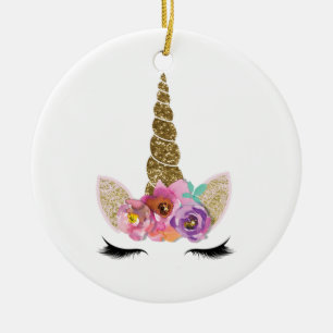 Ornement Rond En Céramique Floral de klaxon de licorne de parties