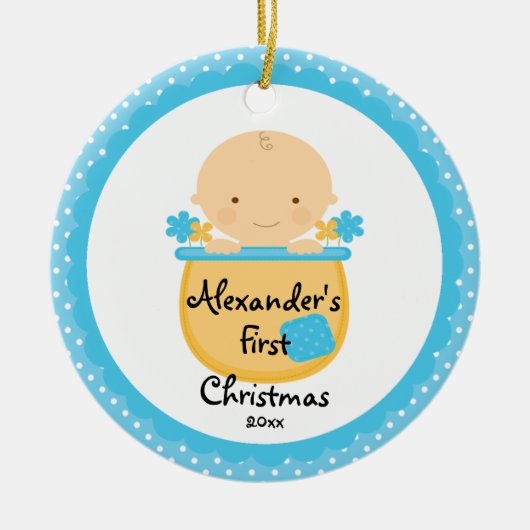 Ornement Rond En Céramique Flower Baby Boy Baby's First Christmas Ornament (Devant)