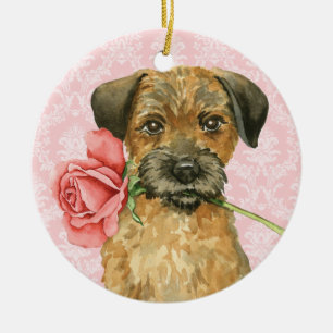 Ornement Rond En Céramique Frontière Rose Valentine Terrier