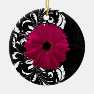 Ornement Rond En Céramique Fuchsia Scroll Gerbera Daisy avec noir et blanc