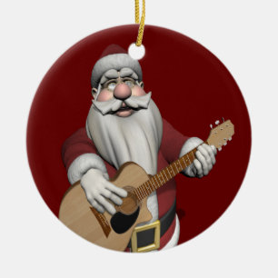 Ornement Rond En Céramique Funny Santa Claus joue de la guitare accoustique