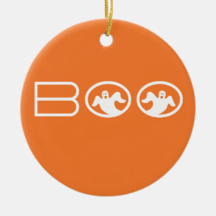 Ornement Rond En Céramique Ghosts Boo Halloween Ornament, orange et blanc