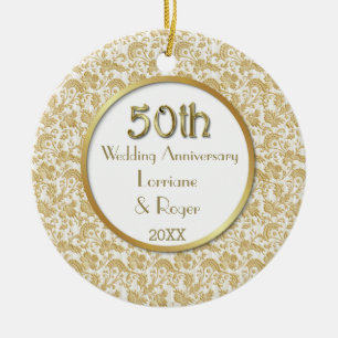 Ornement Rond En Céramique Gold Floral Elegance 50e anniversaire Mariage