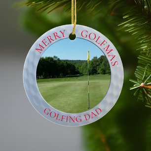 Ornement Rond En Céramique Golf Ball Dimples Joyeux Golfmas Nom Golfer Photo