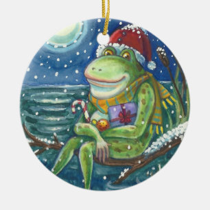 Ornement Rond En Céramique Grenouille sur le log NOËL ORNAMENT