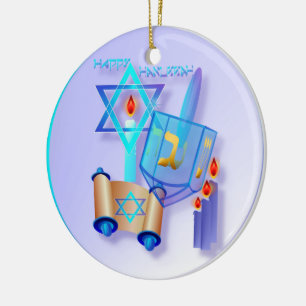 Ornement Rond En Céramique Hanoukka Dreidel-Heureux en verre bleu