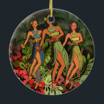 Ornement Rond En Céramique Hawaii Aloha Palm Hula Art Design<br><div class="desc">Hawaii Hula - Cette impression artistique d'inspiration vintage montre des danseuses hula et des palmiers.</div>