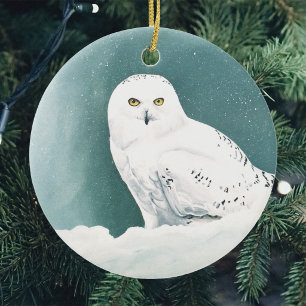 Ornement Rond En Céramique Hibou blanc ciel arctique hiver neige sarcelle