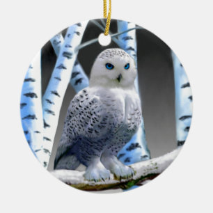 Ornement Rond En Céramique Hibou des neiges aux yeux bleus