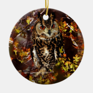 Ornement Rond En Céramique Hibou en automne
