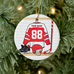 Ornement Rond En Céramique Hockey sur glace rouge et blanc personnalisé