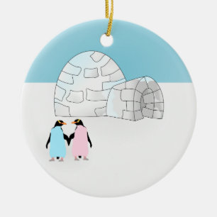 Ornement Rond En Céramique Igloo aux pingouins colorés