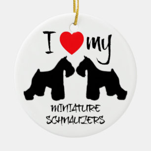 Ornement Rond En Céramique J'Aime Mes Deux Chiens Schnauzer Miniature