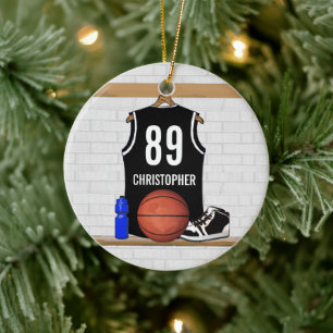 Ornement Rond En Céramique Jersey de basket-ball noir et blanc personnalisé