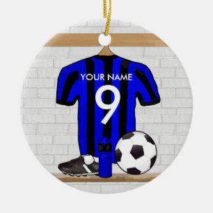Ornement Rond En Céramique Jersey de football noir et bleu personnalisé