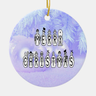 Ornement Rond En Céramique Joyeux Noël gens de neige Police, Blue Tint neige