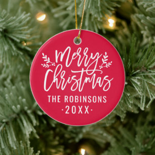 Ornement Rond En Céramique Joyeux Noël Rouge Script Custom Family Photo