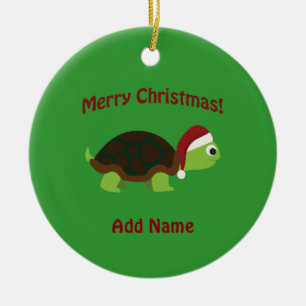 Ornement Rond En Céramique Joyeux Noël ! Turtle de Père Noël
